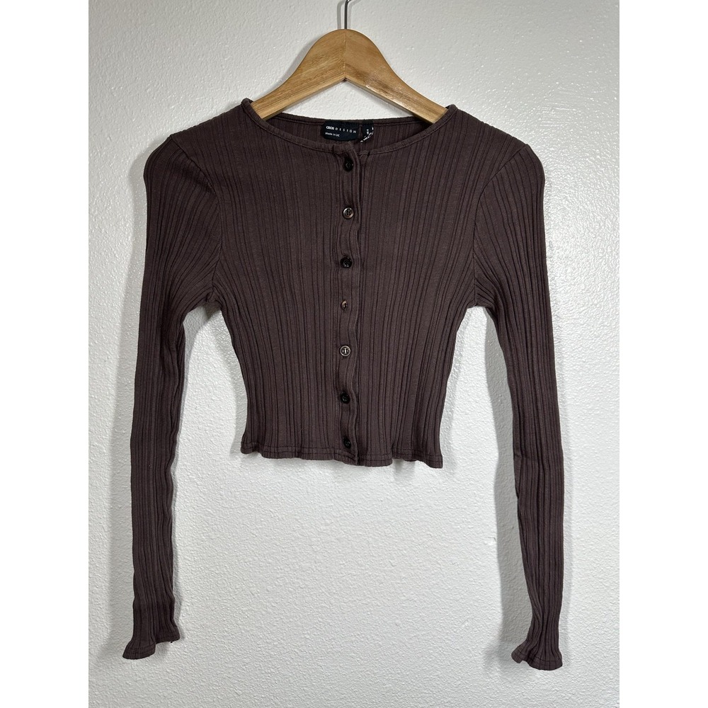 ASOS Design Cardigan Womens US 6 UK 10 Brown Ribbed Button Front Cropped Top